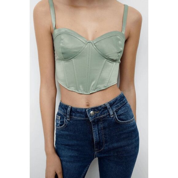 ZARA NWT SZ XS SATIN EFFECT CORSET TOP BUSTIER GREEN - Picture 9 of 9
